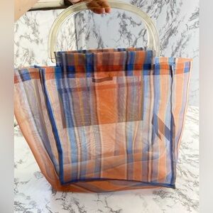 Zara Orange & Blue Striped Sheer Handbag Tote Travel Beach